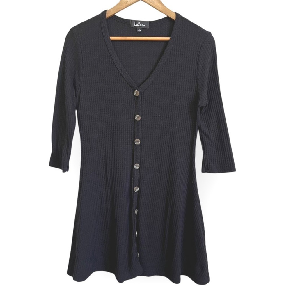 Lulus‎ Black Button Front Dress L Waffle Knit 3/4 Sleeve Fit Flare Lounge Style